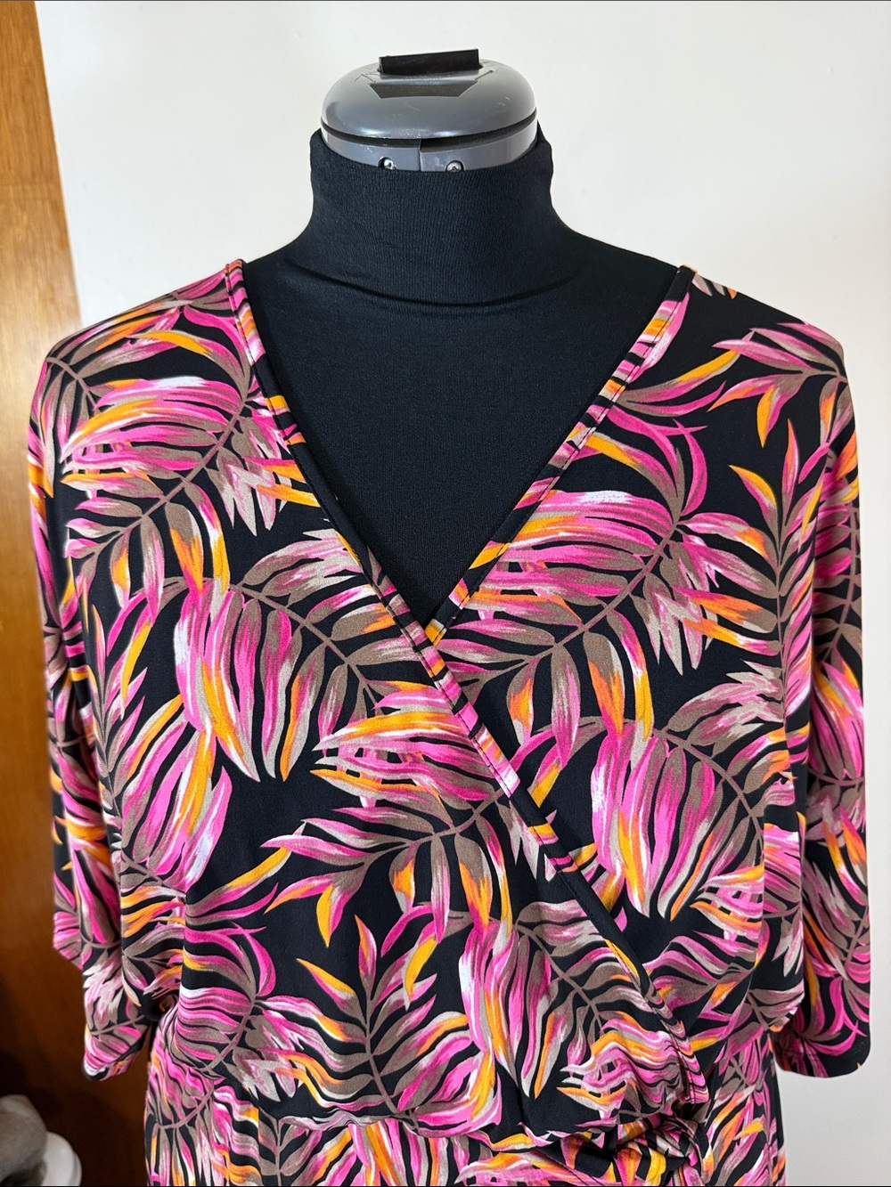 Ashley Stewart Black Maxi Faux Wrap Dress with Pink Orange Leaf Print - Picture 3 of 10